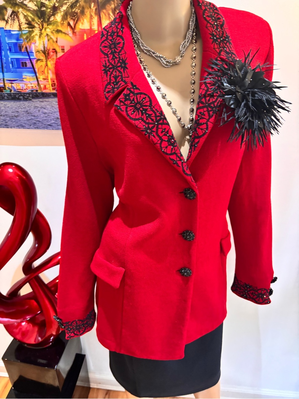 St. John Red Blazer jacket Embroidered Trim crystals rhinestones embellished 14